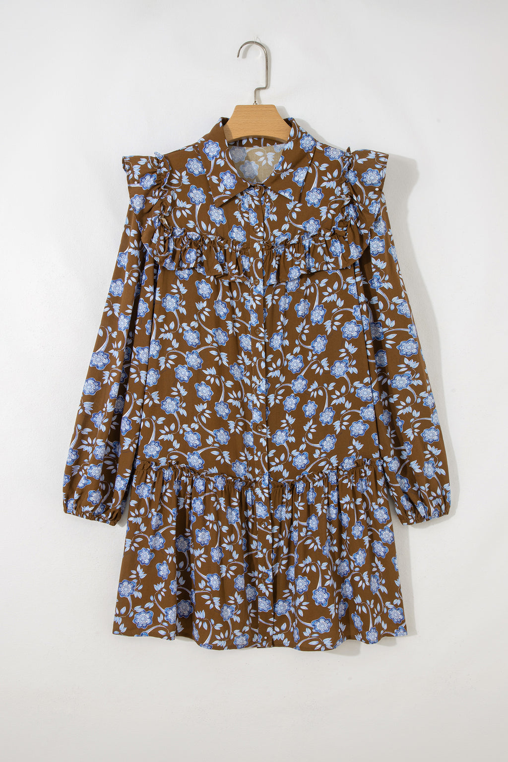 Vestito Donna Marrone Floreale con Rouches e Maniche Lunghe