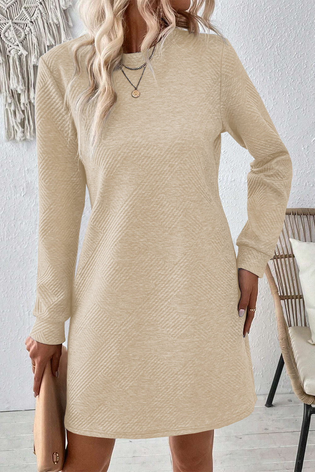 Mini Dress Donna Albicocca Tinta Unita Maniche Lunghe