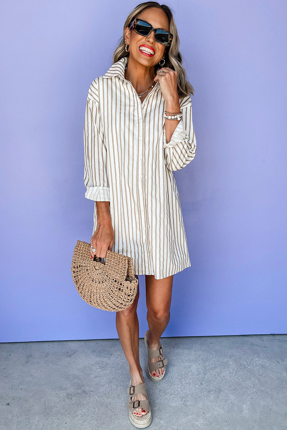 Mini Shirt Dress Donna Kaki a Righe con Bottoni e Maniche Lunghe