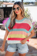 Maglione Donna Verde a Righe Color Block Traforato con Maniche Corte