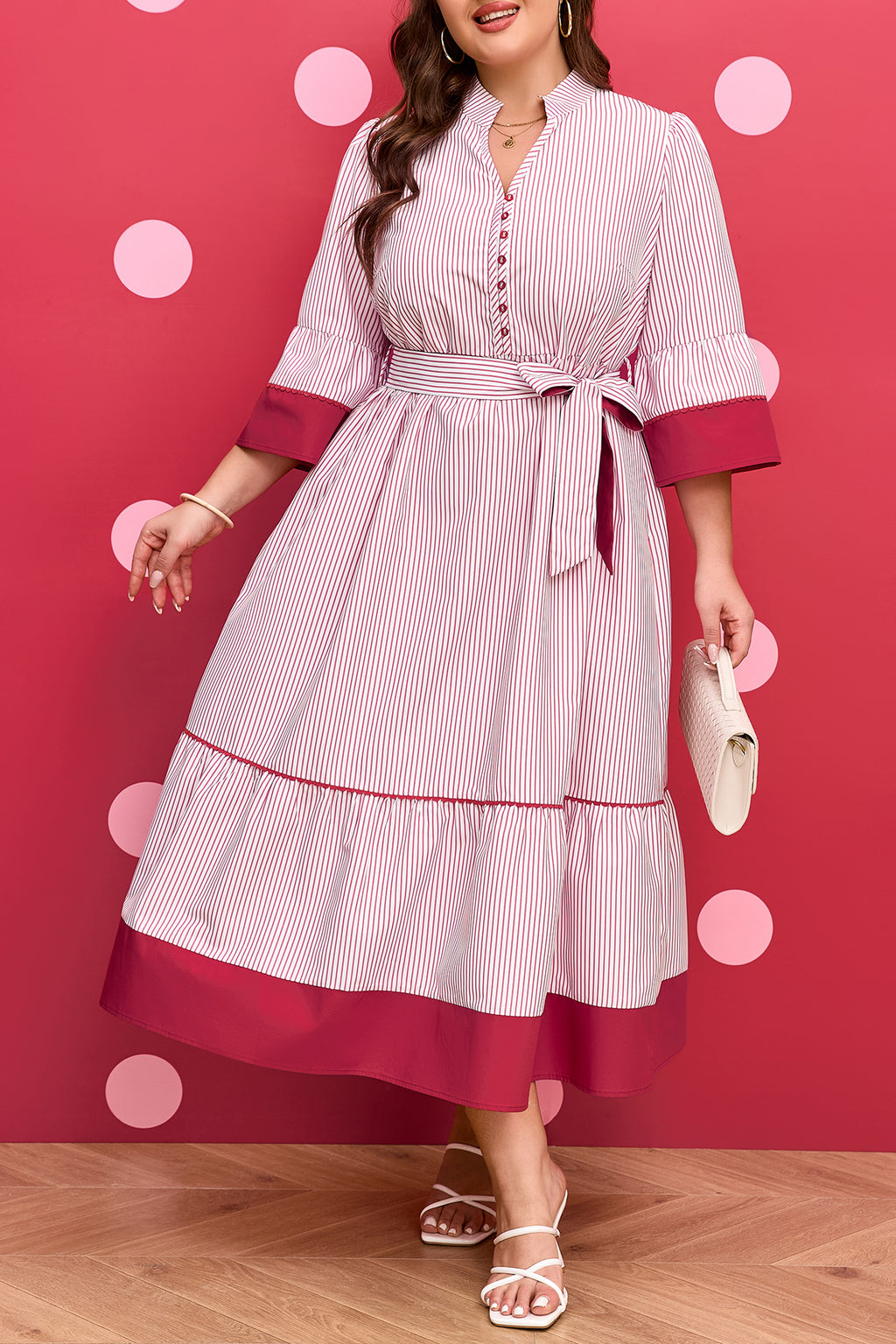 Vestito Midi Donna Plus Size Rosso a Righe con Orlo a Ruche