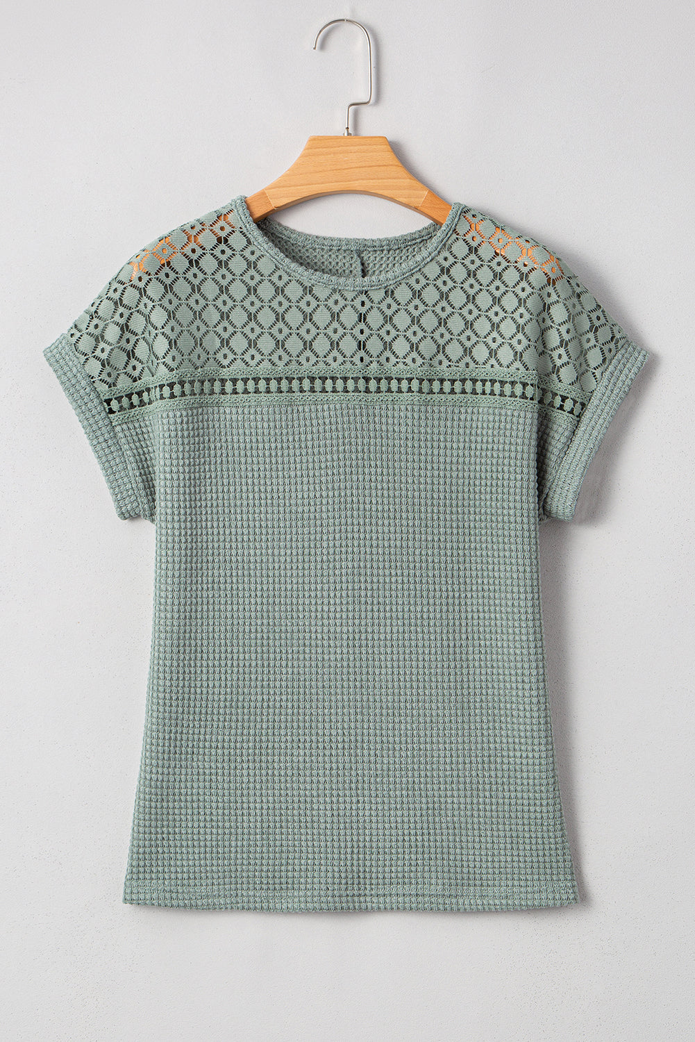 Top Donna Verde Nebbia in Maglia Waffle Patchwork con Dettaglio Traforato