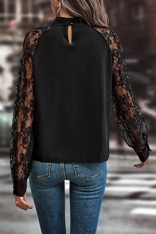 Blusa Donna Nera con Scollo Keyhole Pizzo e Maniche Raglan
