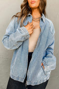 Giacca di Jeans Donna Azzurra con Colletto, Zip e Orlo Elastico