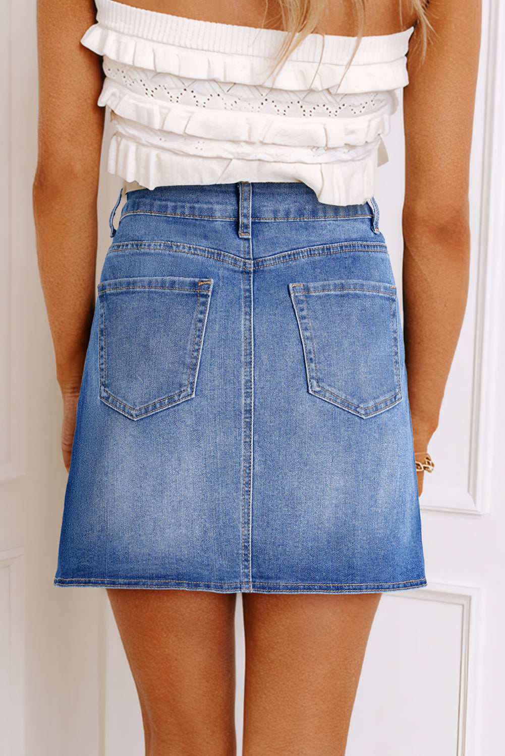 Mini Gonna Donna Denim Blu con Vita Incrociata Avvolgente
