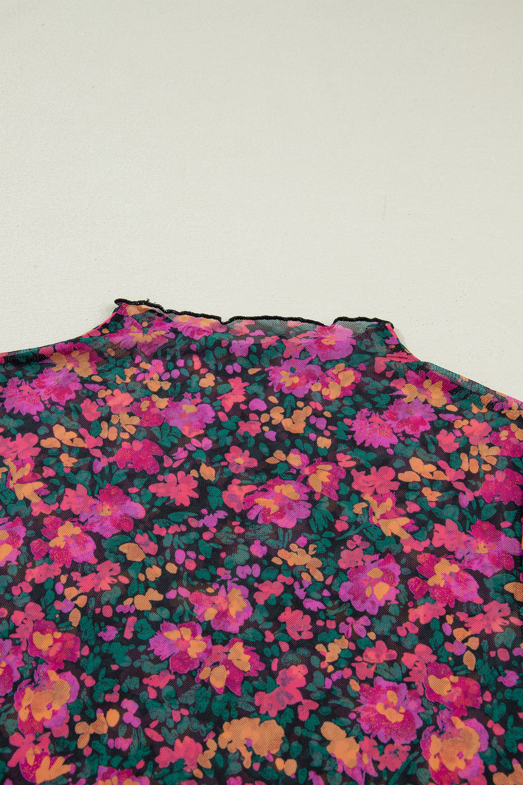 Top Donna Rosa Retrò Floreale in Mesh Manica Corta