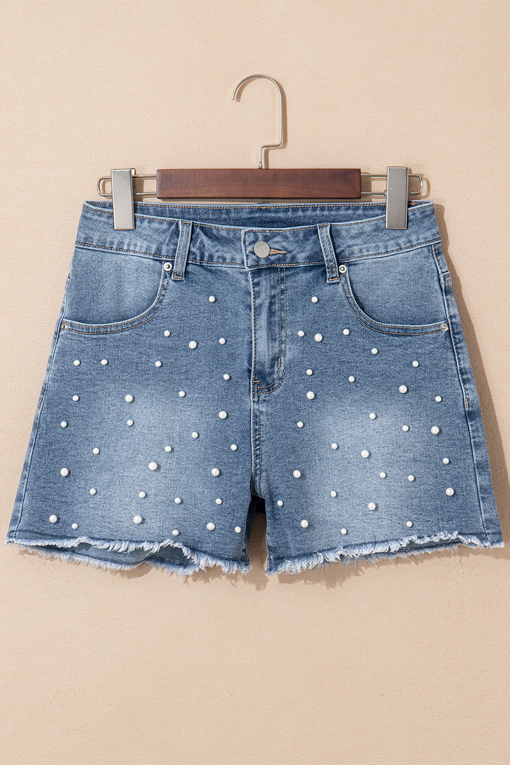 Shorts di Jeans Donna Blu con Perle, Orlo Grezzo e Lavaggio Medio