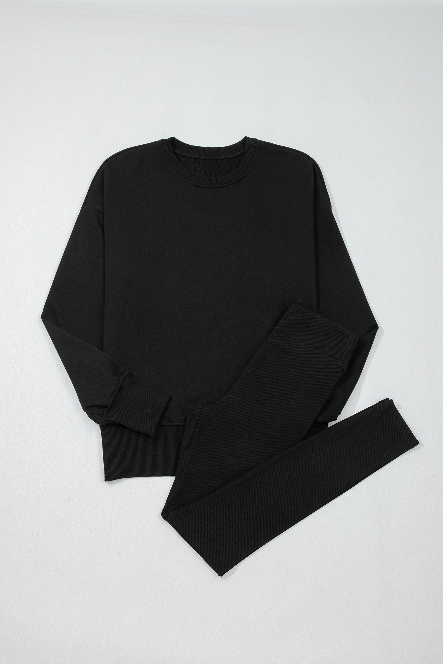 Set 2 Pezzi Donna Nero: Felpa Oversize con Spacco e Leggings a Costine