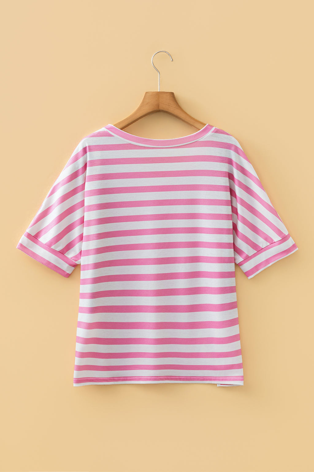 T-Shirt Donna Rosa a Righe Scollo a V con Tasca