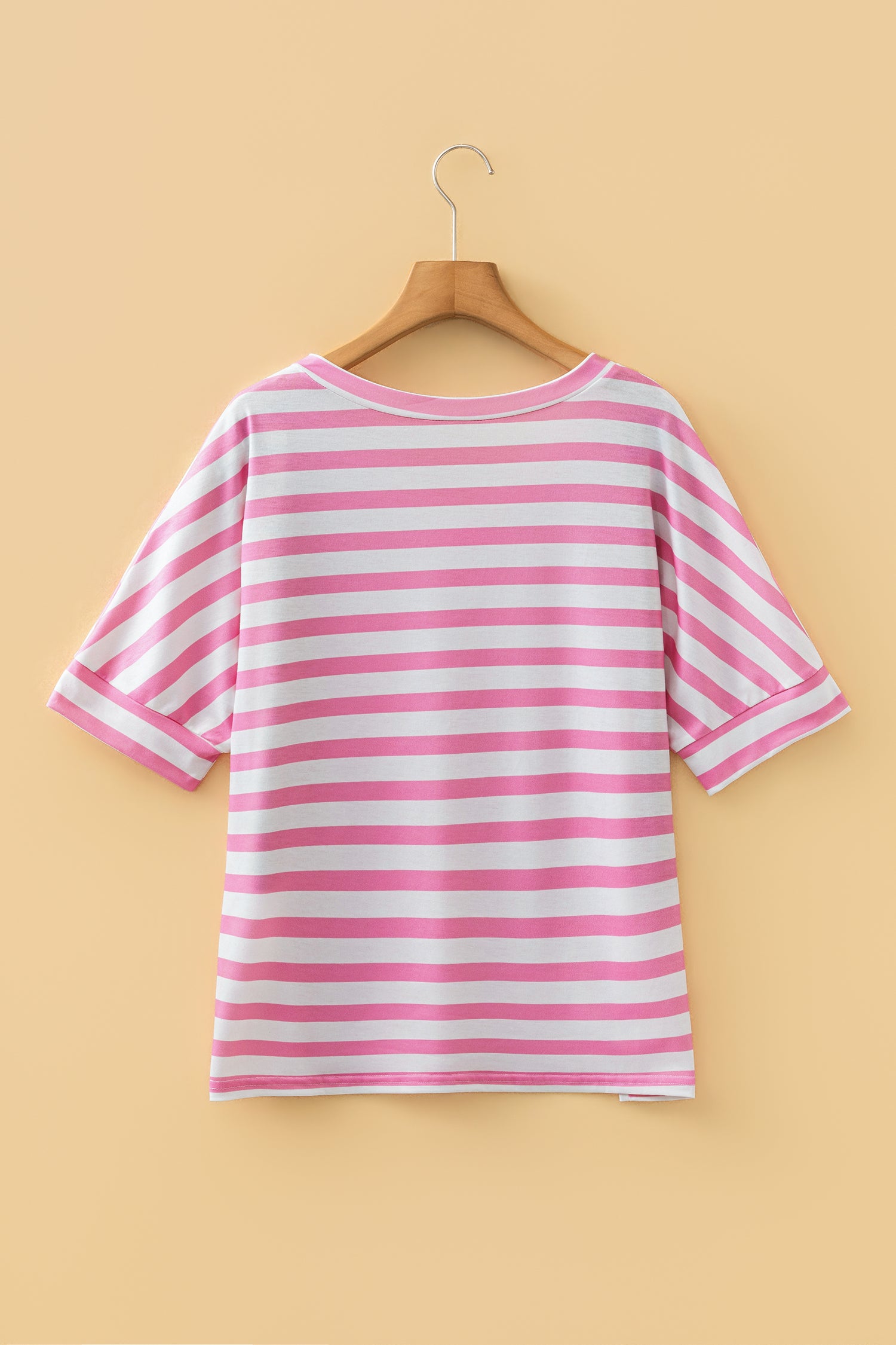 T-Shirt Donna Rosa a Righe Scollo a V con Tasca