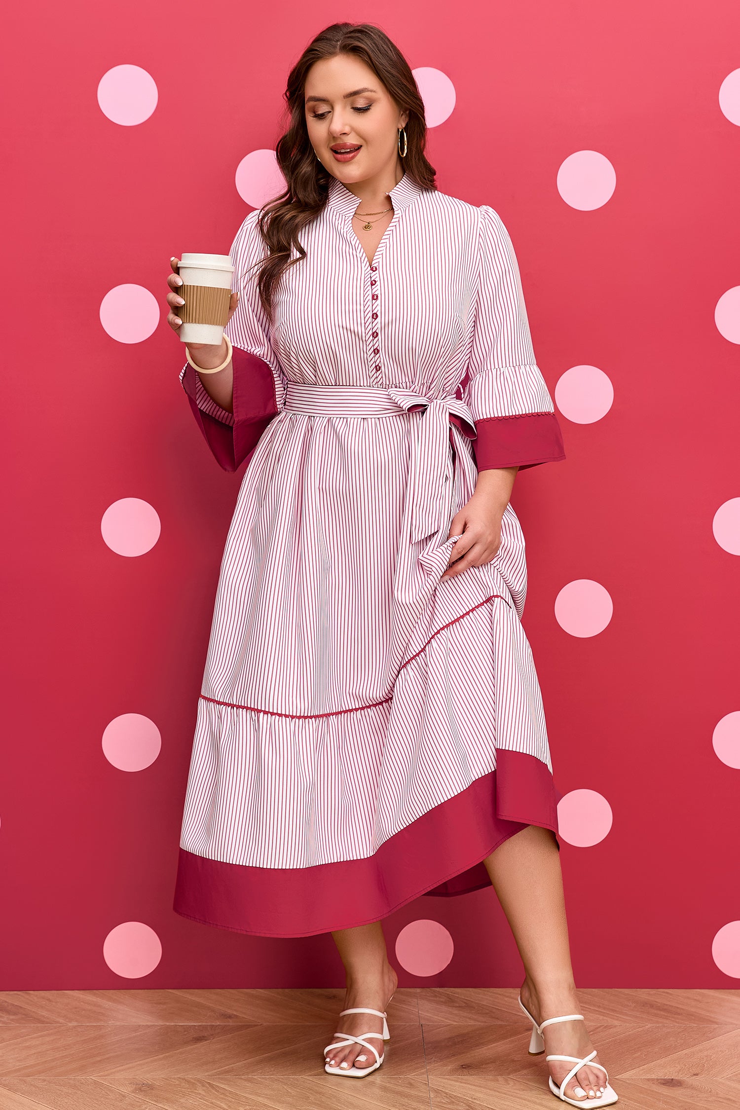 Vestito Midi Donna Plus Size Rosso a Righe con Orlo a Ruche