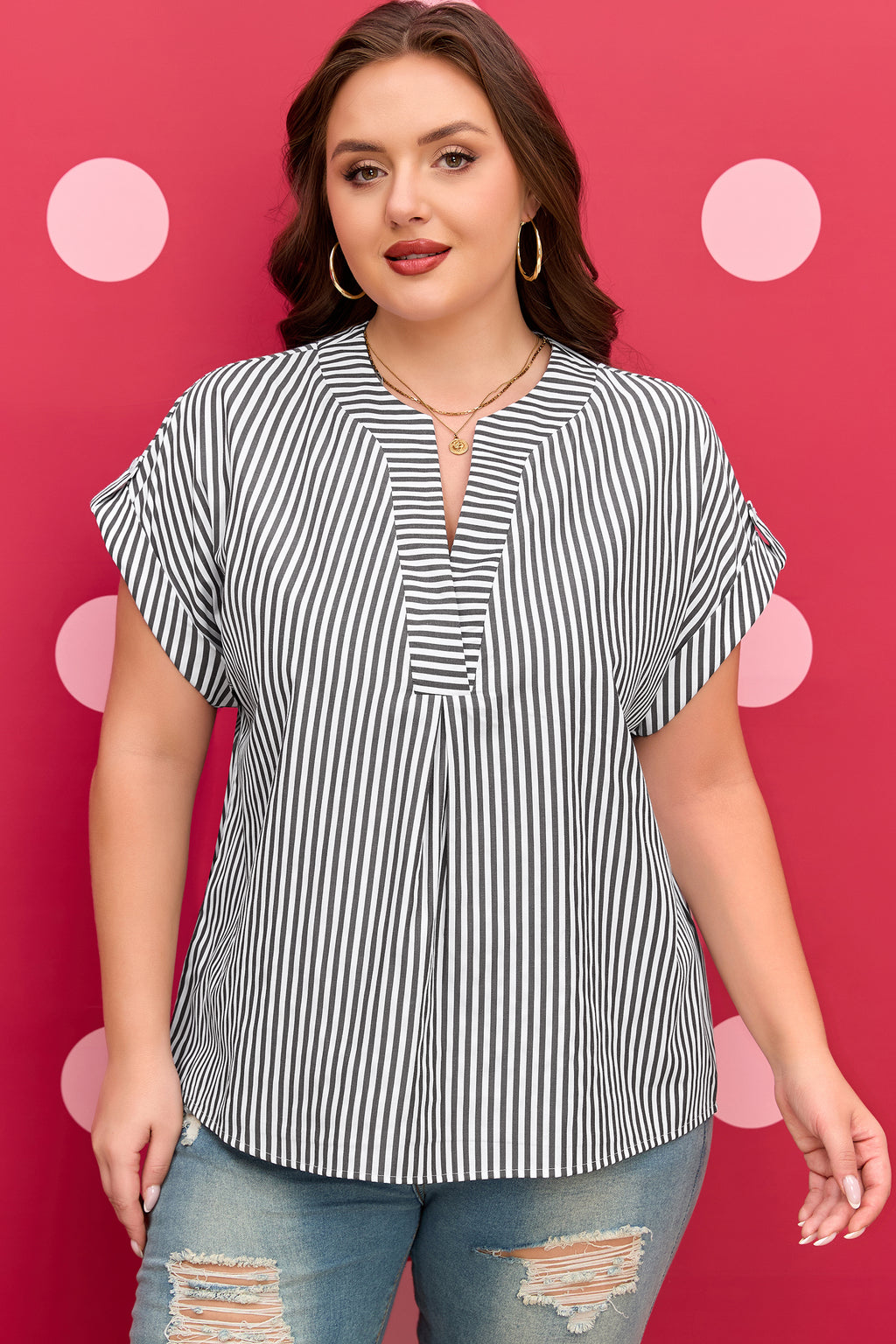 Blusa Donna Plus Size Nera a Righe con Scollo a V e Maniche Dolman Corte