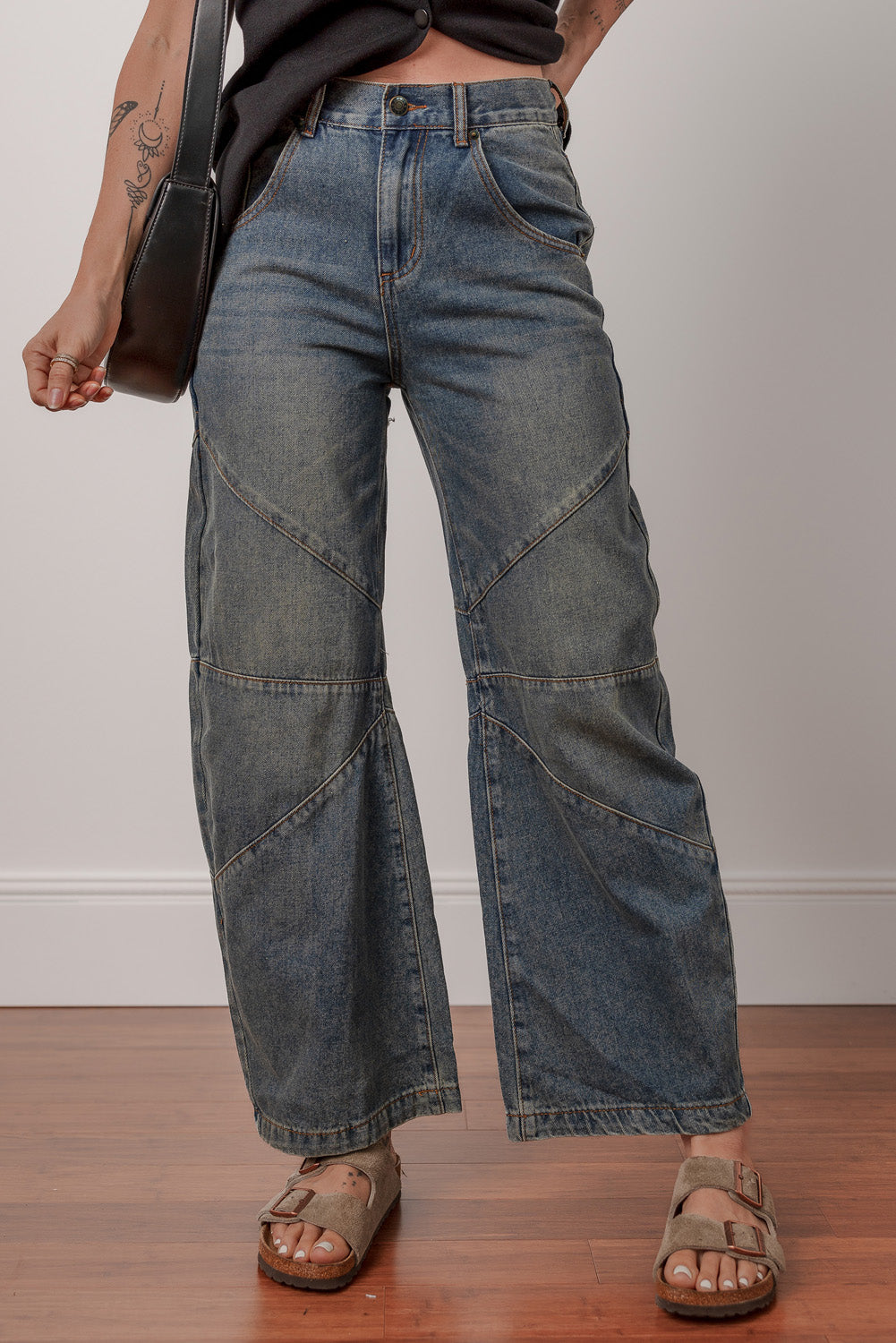 Jeans Donna Blu a Gamba Dritta con Vita Alta e Dettaglio Incrociato