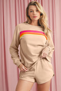 Set 2 Pezzi Donna Albicocca: Pullover a Righe Colorate con Maniche Lunghe e Shorts
