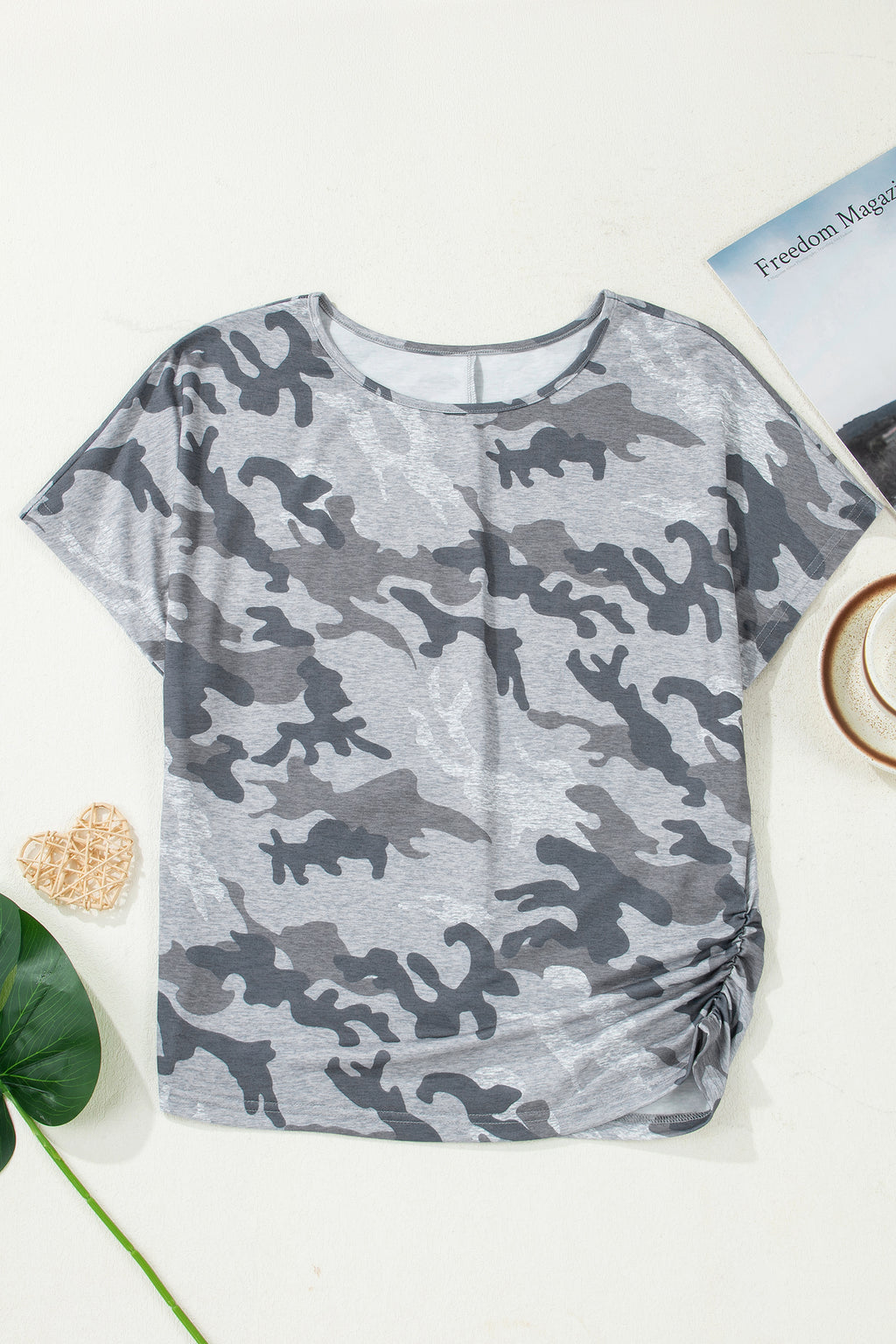 T-shirt Donna Grigia con Stampa Camouflage e Girocollo