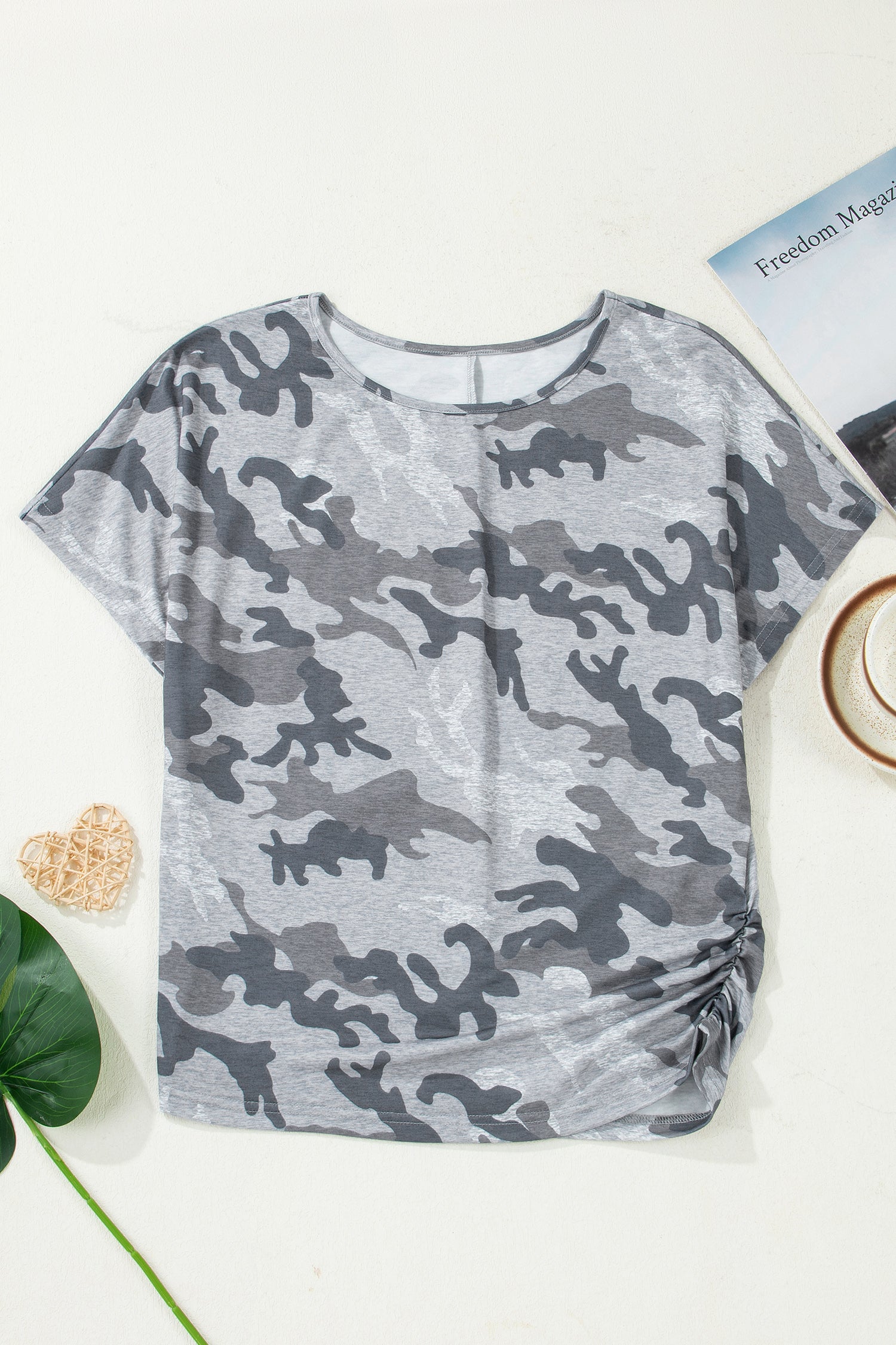 T-shirt Donna Grigia con Stampa Camouflage e Girocollo