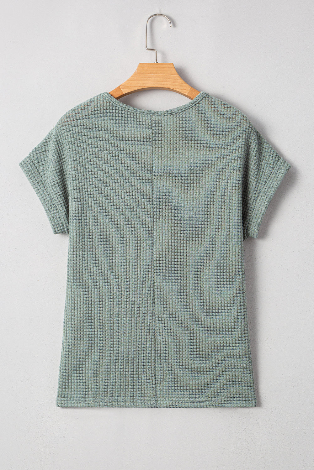 Top Donna Verde Nebbia in Maglia Waffle Patchwork con Dettaglio Traforato