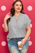 Blusa Donna Plus Size Nera a Righe con Scollo a V e Maniche Dolman Corte