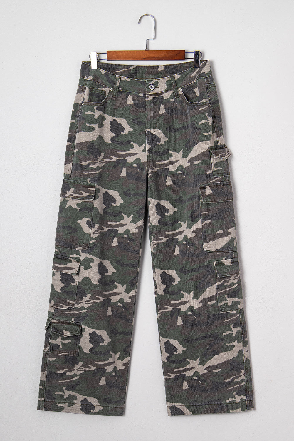 Jeans Donna Verde Camouflage a Gamba Larga con Tasche Cargo