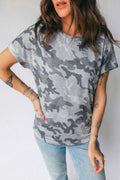 T-shirt Donna Grigia con Stampa Camouflage e Girocollo