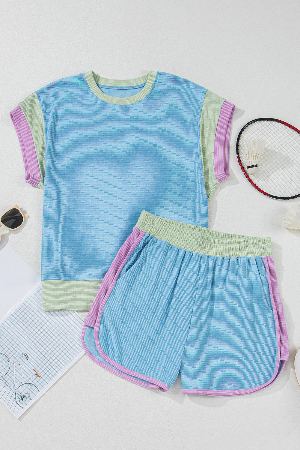Set 2 Pezzi Donna Azzurro Color Block: Top senza Maniche e Shorts