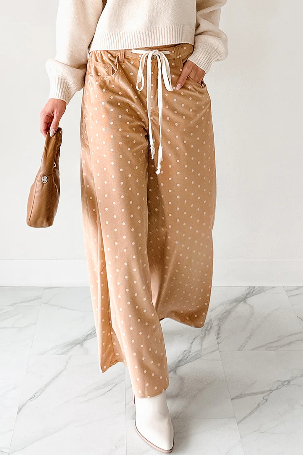Pantaloni Donna Kaki a Gamba Larga con Stampa a Pois e Coulisse