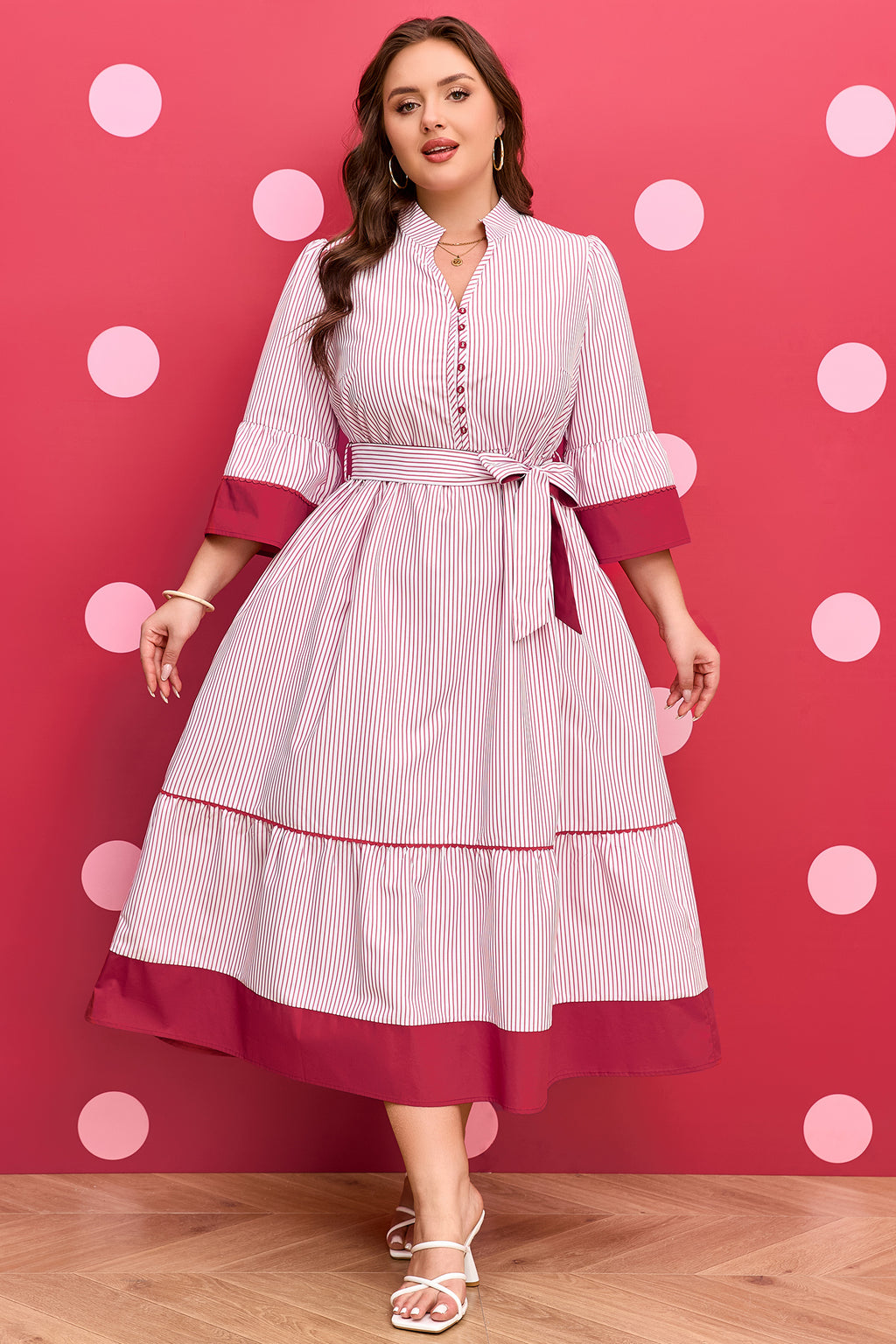 Vestito Midi Donna Plus Size Rosso a Righe con Orlo a Ruche