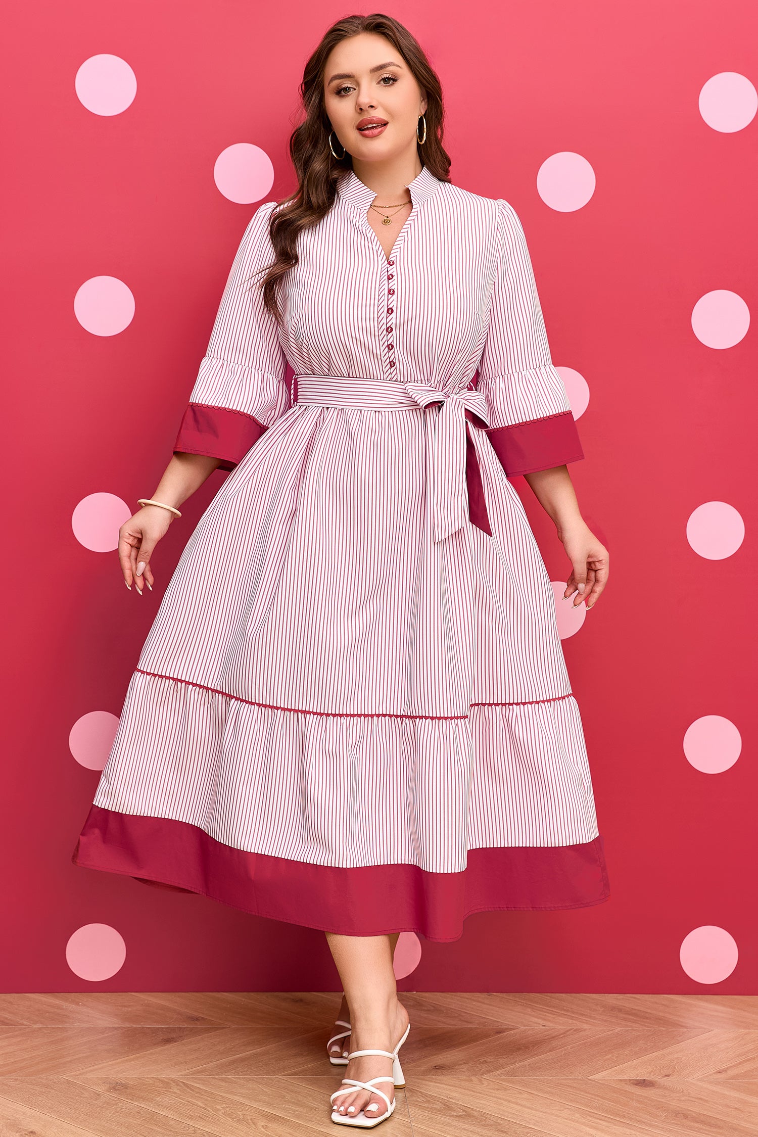 Vestito Midi Donna Plus Size Rosso a Righe con Orlo a Ruche