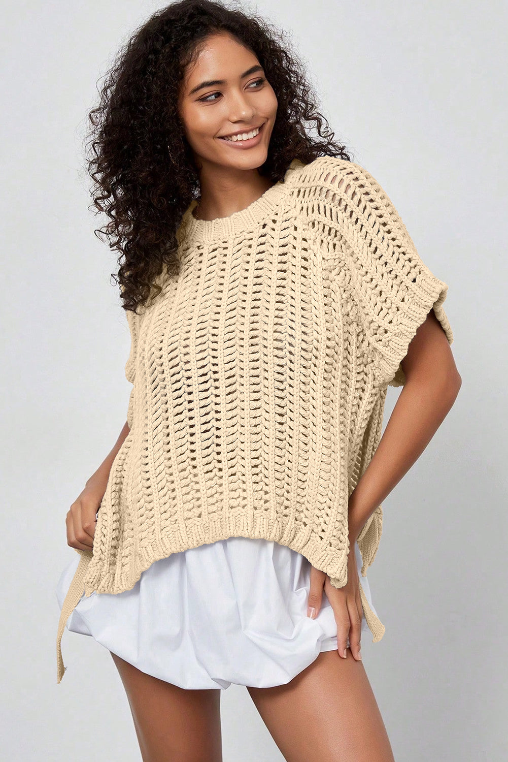 Maglione Donna Albicocca Plus Size a Maglia Aperta con Fiocchi Manica Corta