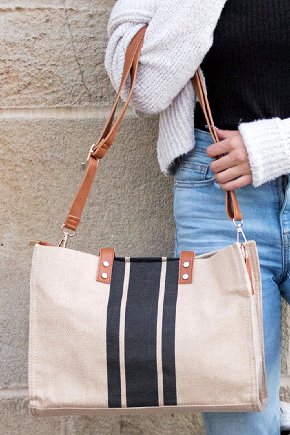 Borsa a Spalla Donna Nera a Righe Grande