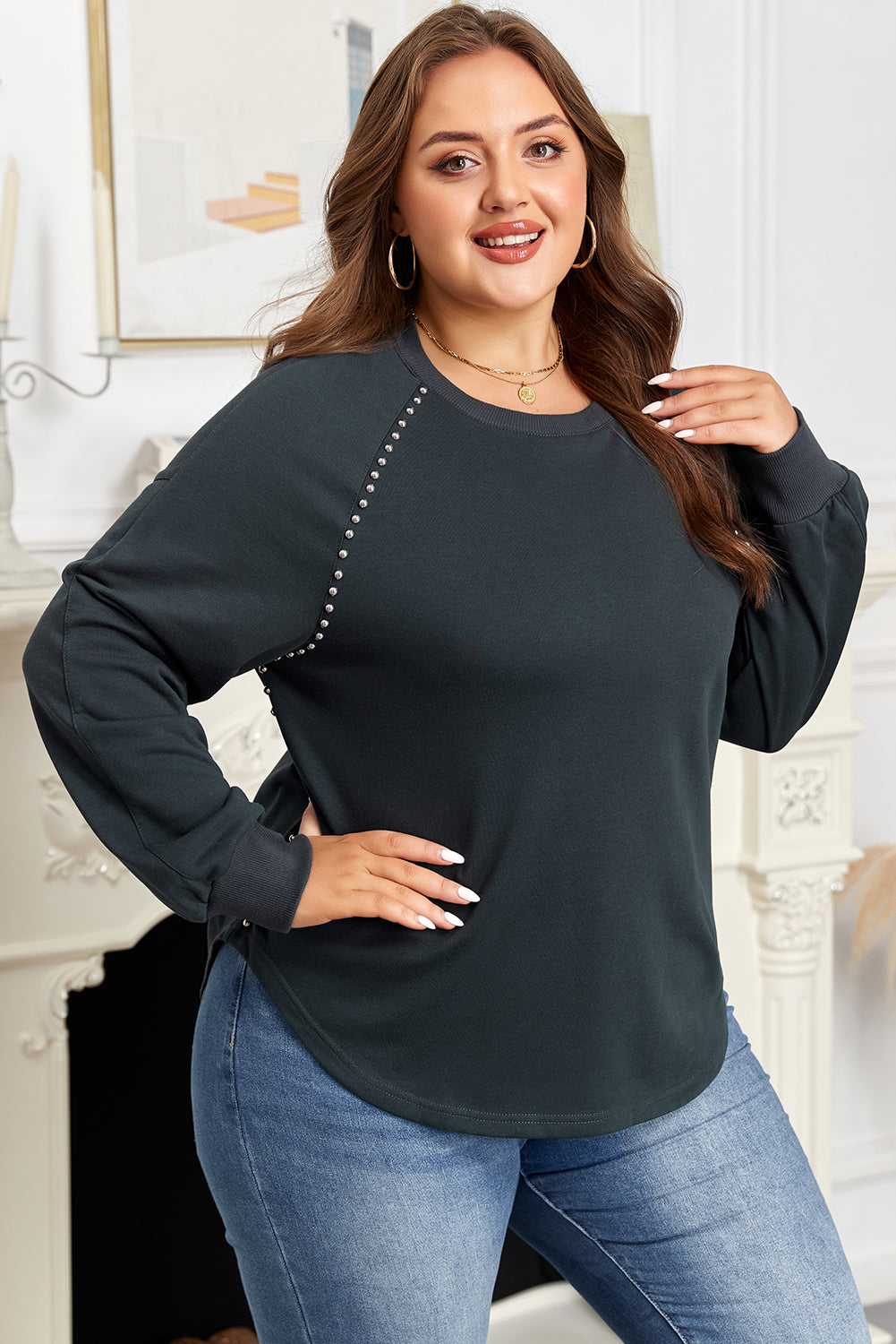Maglione Donna Plus Size Nero con Bordi a Costine, Borchie e Lavaggio Minerale