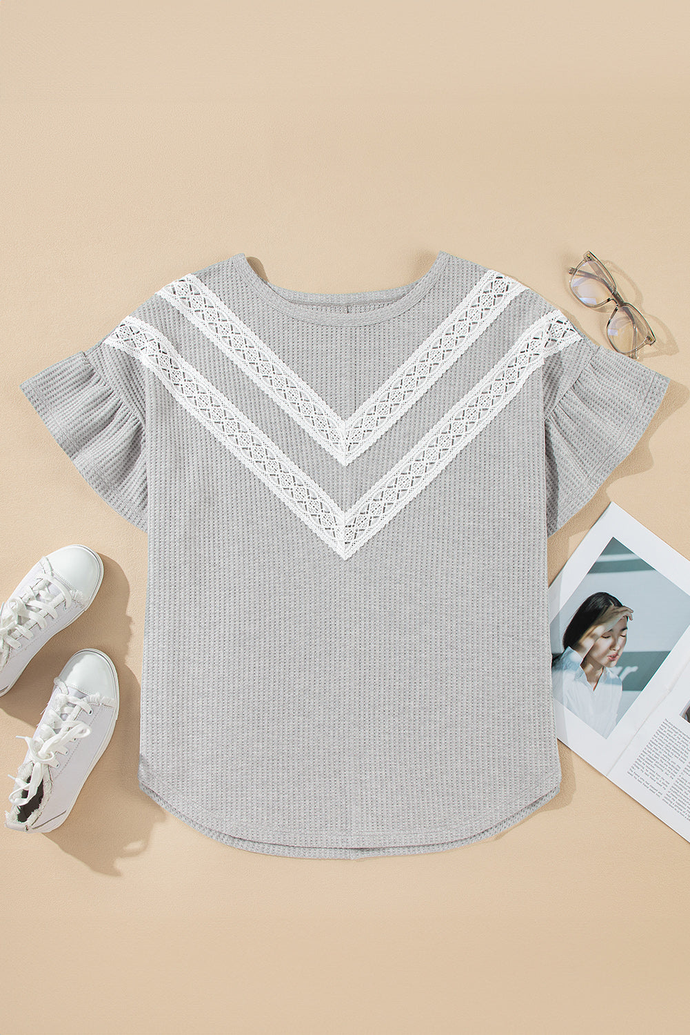 Top Donna Plus Size Grigio Chiaro in Waffle con Pizzo Patchwork e Maniche a Ruche