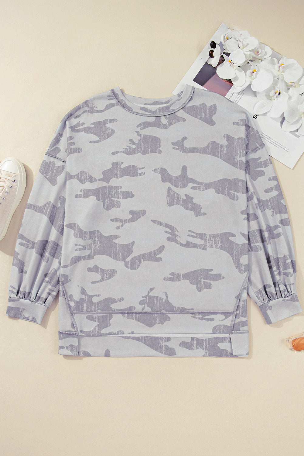 Felpa Donna Plus Size Multicolore con Stampa Camouflage e Girocollo