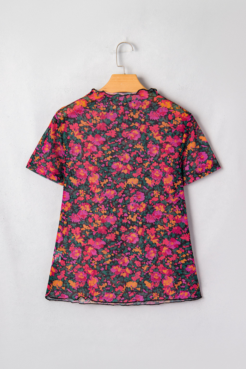 Top Donna Rosa Retrò Floreale in Mesh Manica Corta