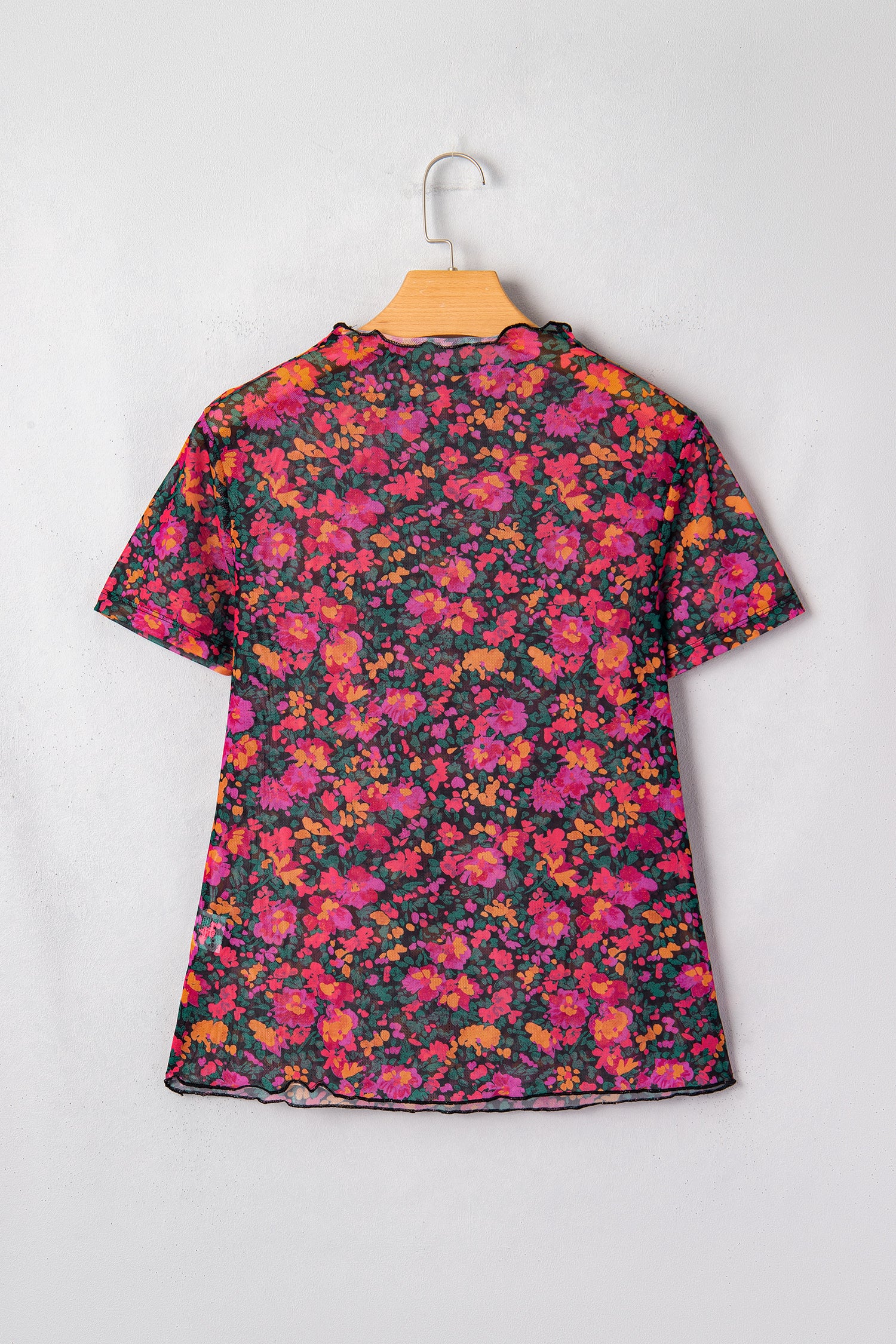 Top Donna Rosa Retrò Floreale in Mesh Manica Corta