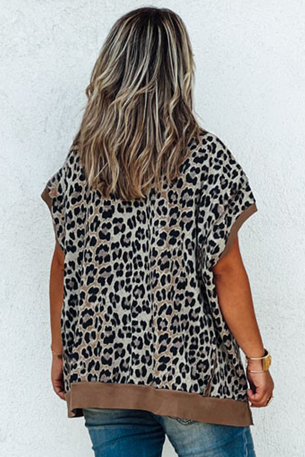 Top Donna Plus Size Kaki con Bordi Leopardati a Contrasto e Maniche Corte