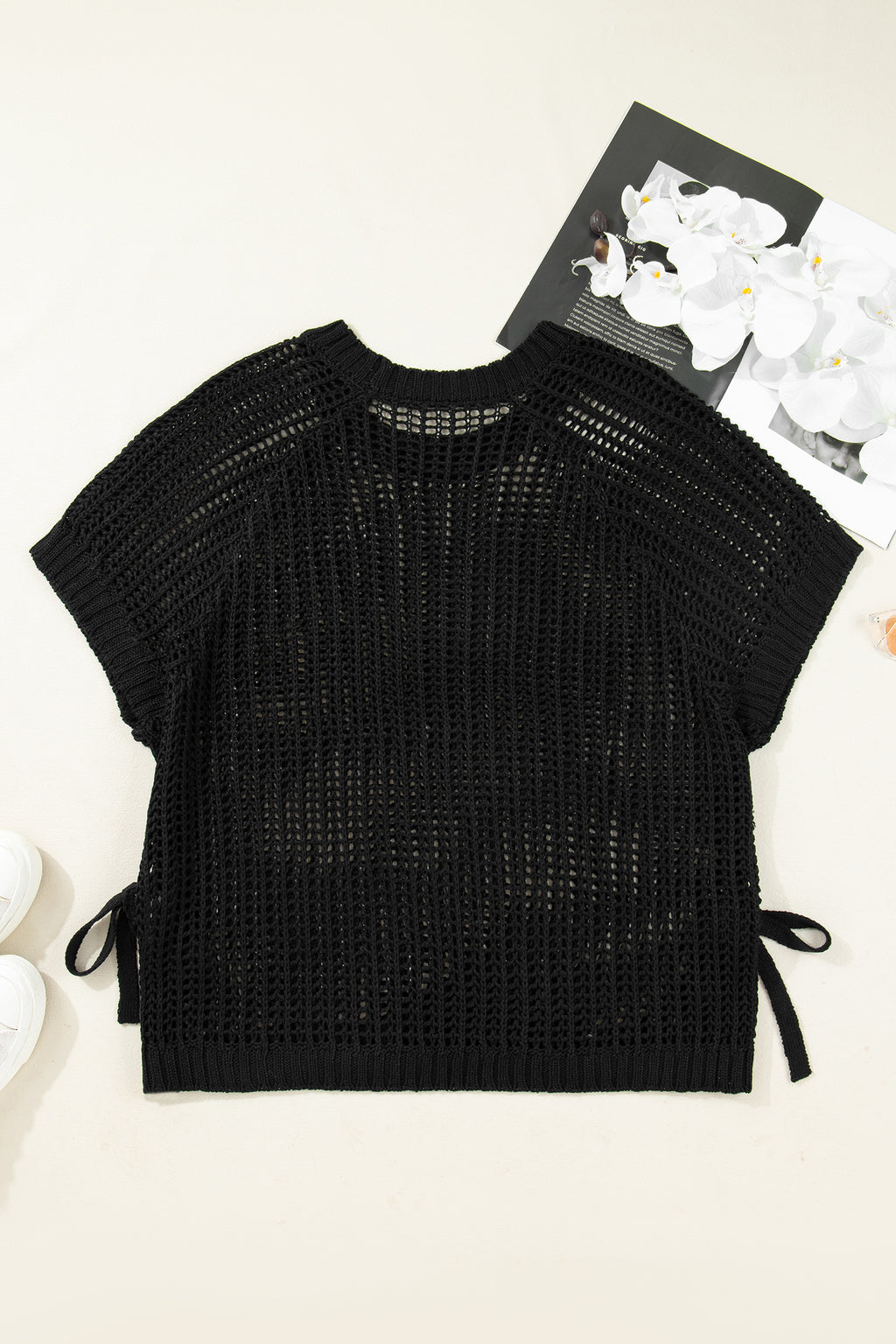 Maglione Donna Nero Plus Size a Maglia Aperta con Fiocchi Manica Corta