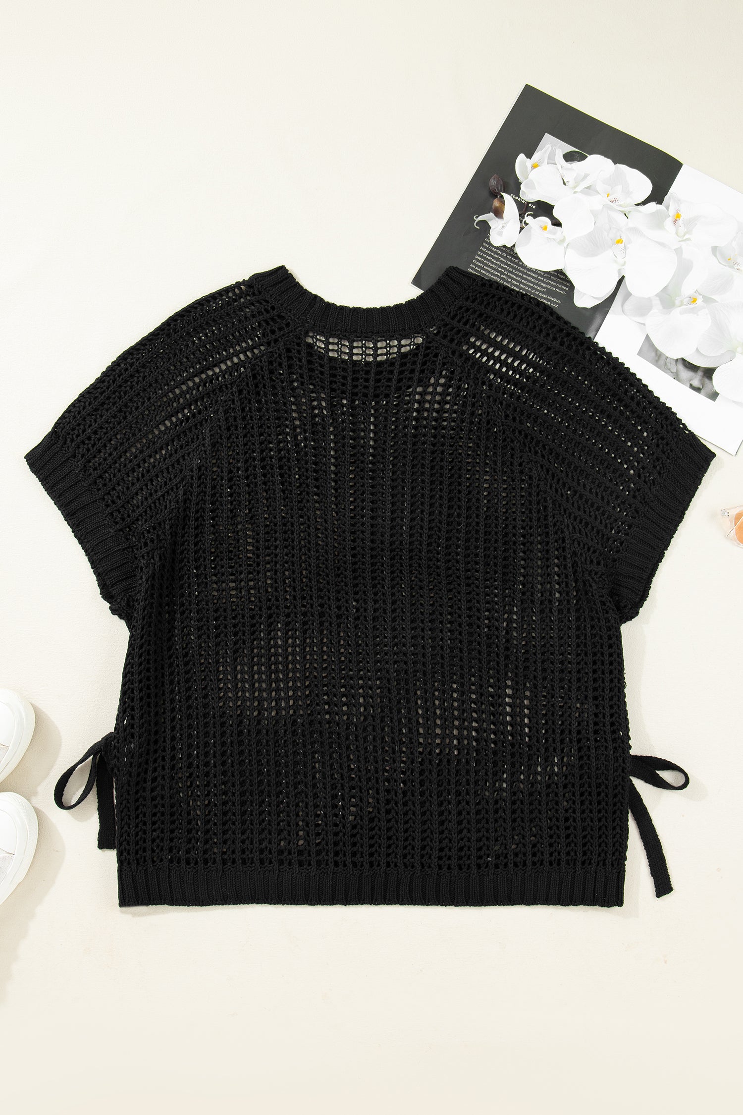 Maglione Donna Nero Plus Size a Maglia Aperta con Fiocchi Manica Corta