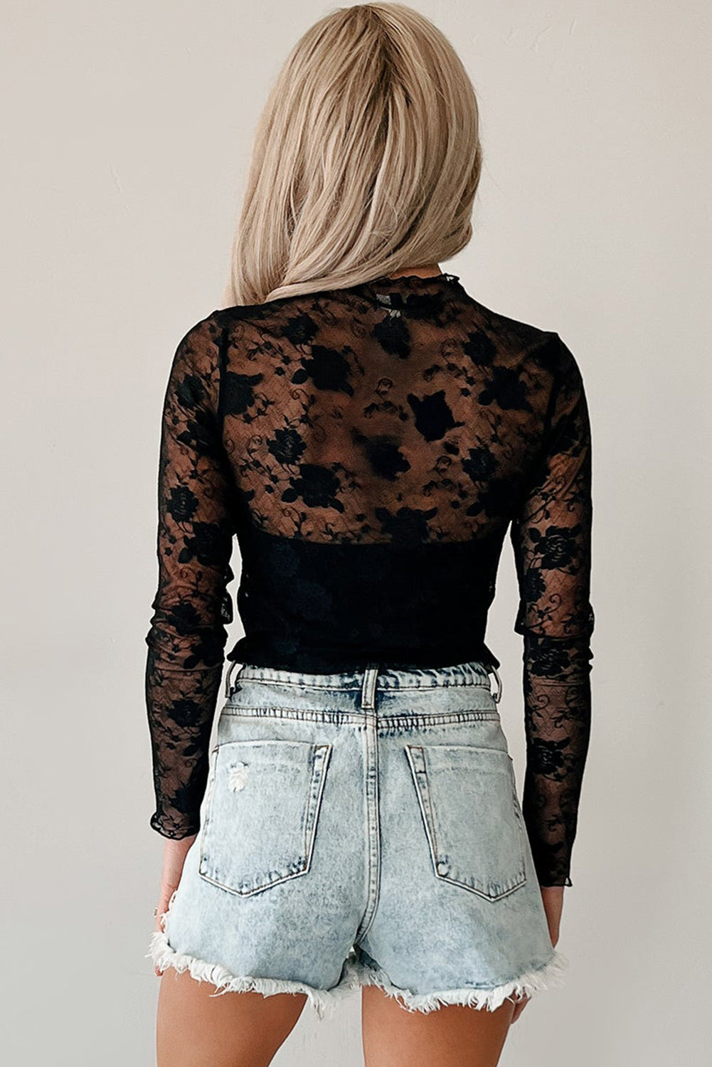 Top Donna Nero a Collo Alto con Pizzo Floreale e Maniche Lunghe