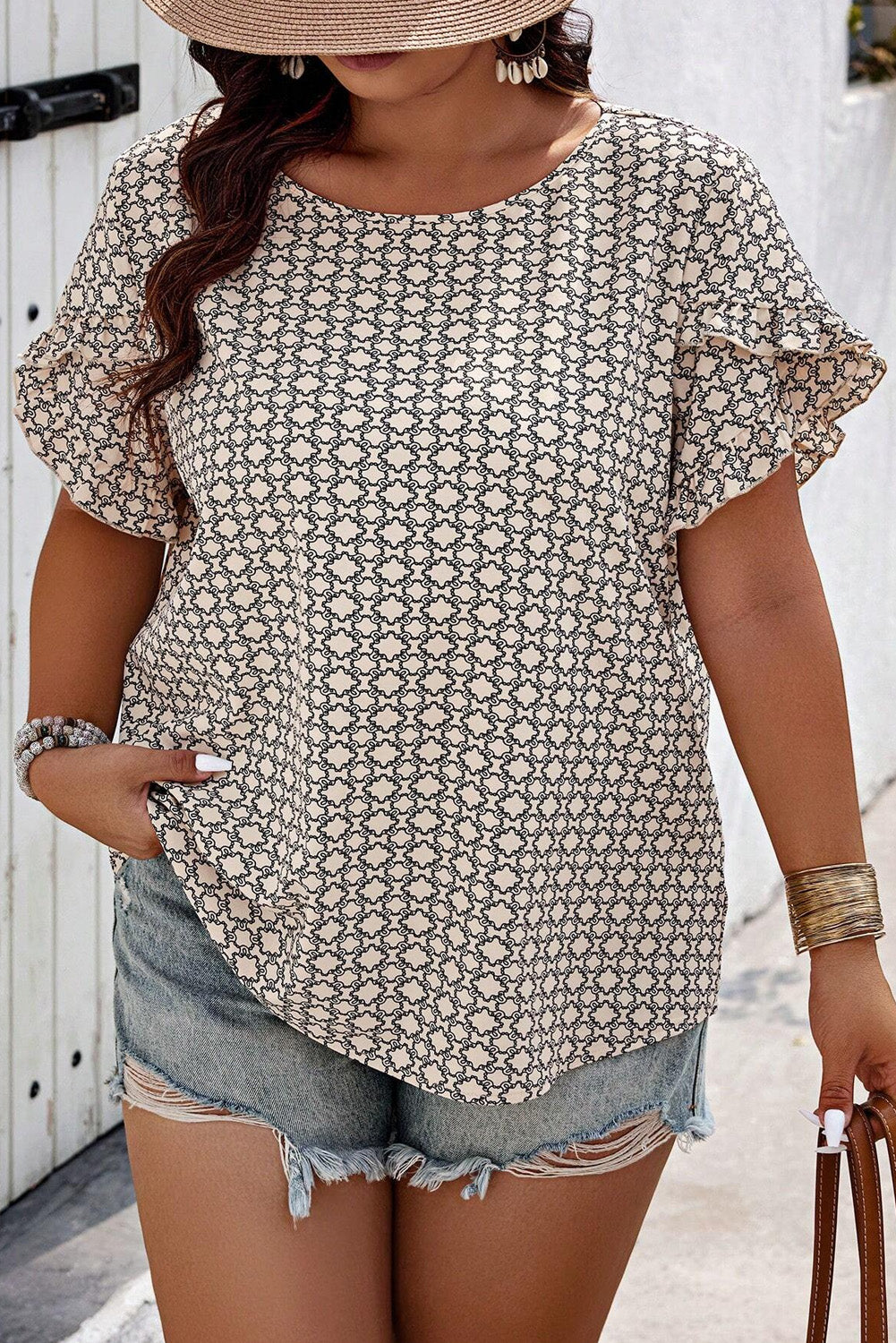 Blusa Donna Plus Size Kaki con Stampa Geometrica e Maniche a Tulipano con Volant