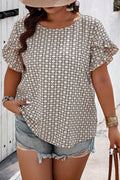 Blusa Donna Plus Size Kaki con Stampa Geometrica e Maniche a Tulipano con Volant