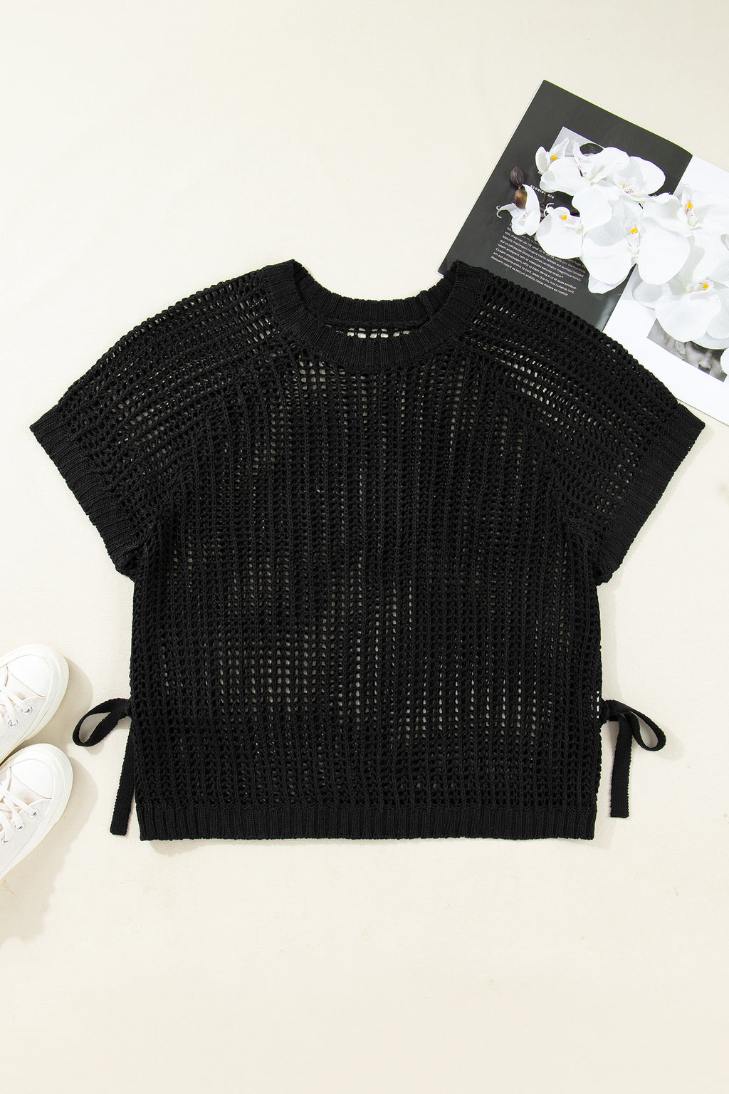 Maglione Donna Nero Plus Size a Maglia Aperta con Fiocchi Manica Corta