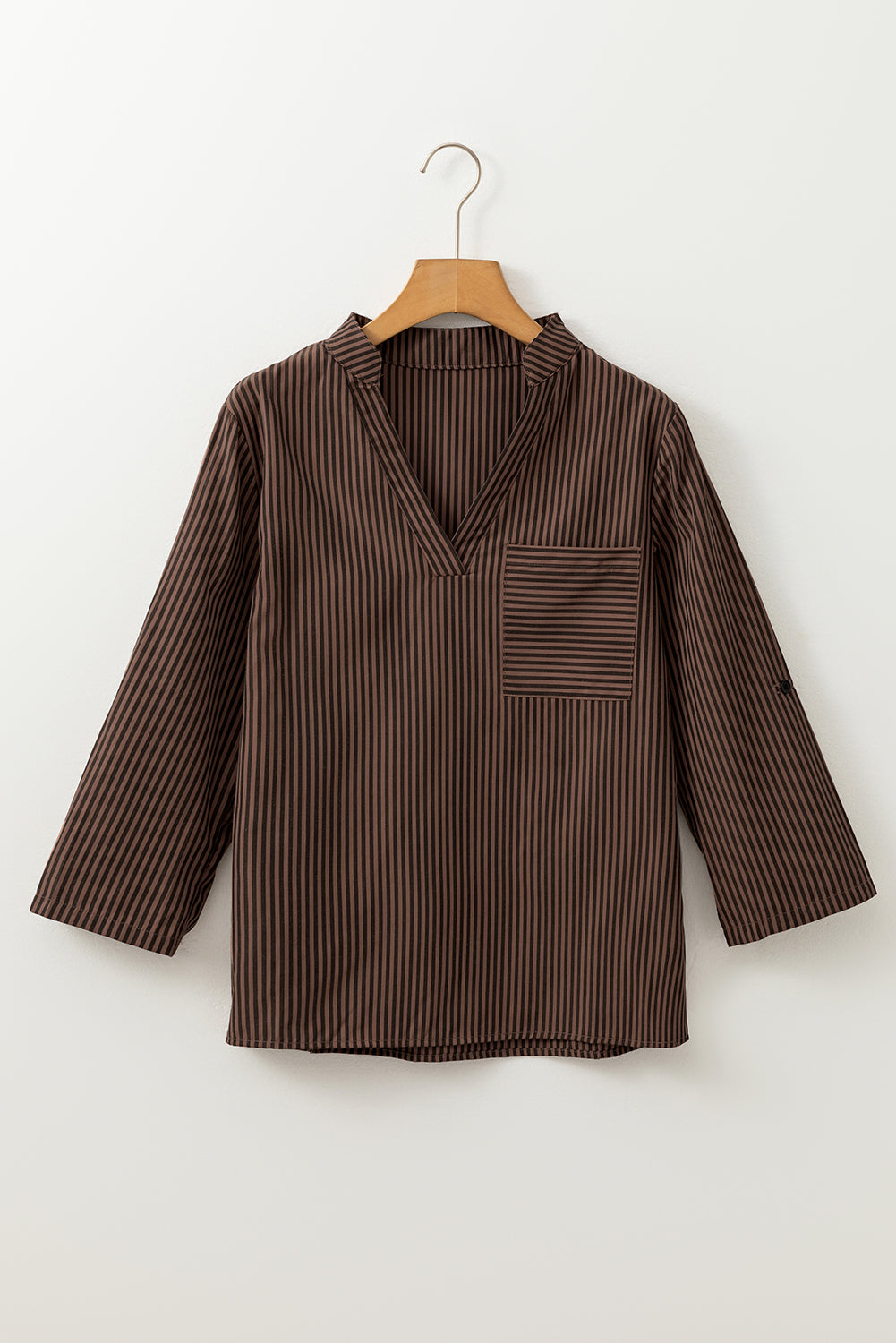 Camicia Donna Marrone a Righe con Scollo a V, Tasche e Maniche Arrotolabili