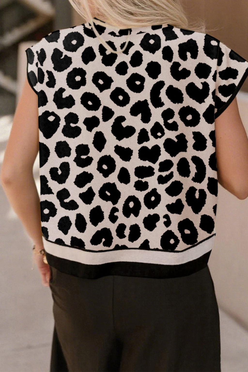 Maglione Donna Nero Plus Size Leopardato Collo Alto Manica Corta