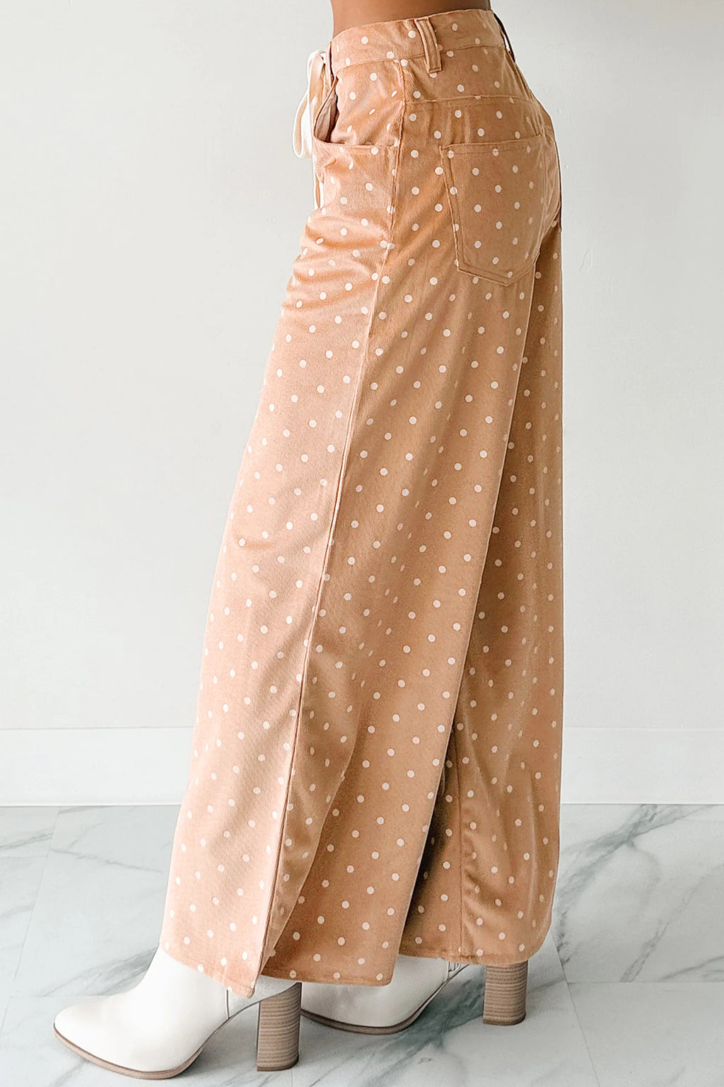 Pantaloni Donna Kaki a Gamba Larga con Stampa a Pois e Coulisse