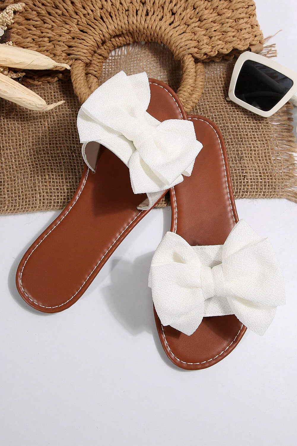 Ciabatte Donna Bianche Piatte con Fiocco Decorativo
