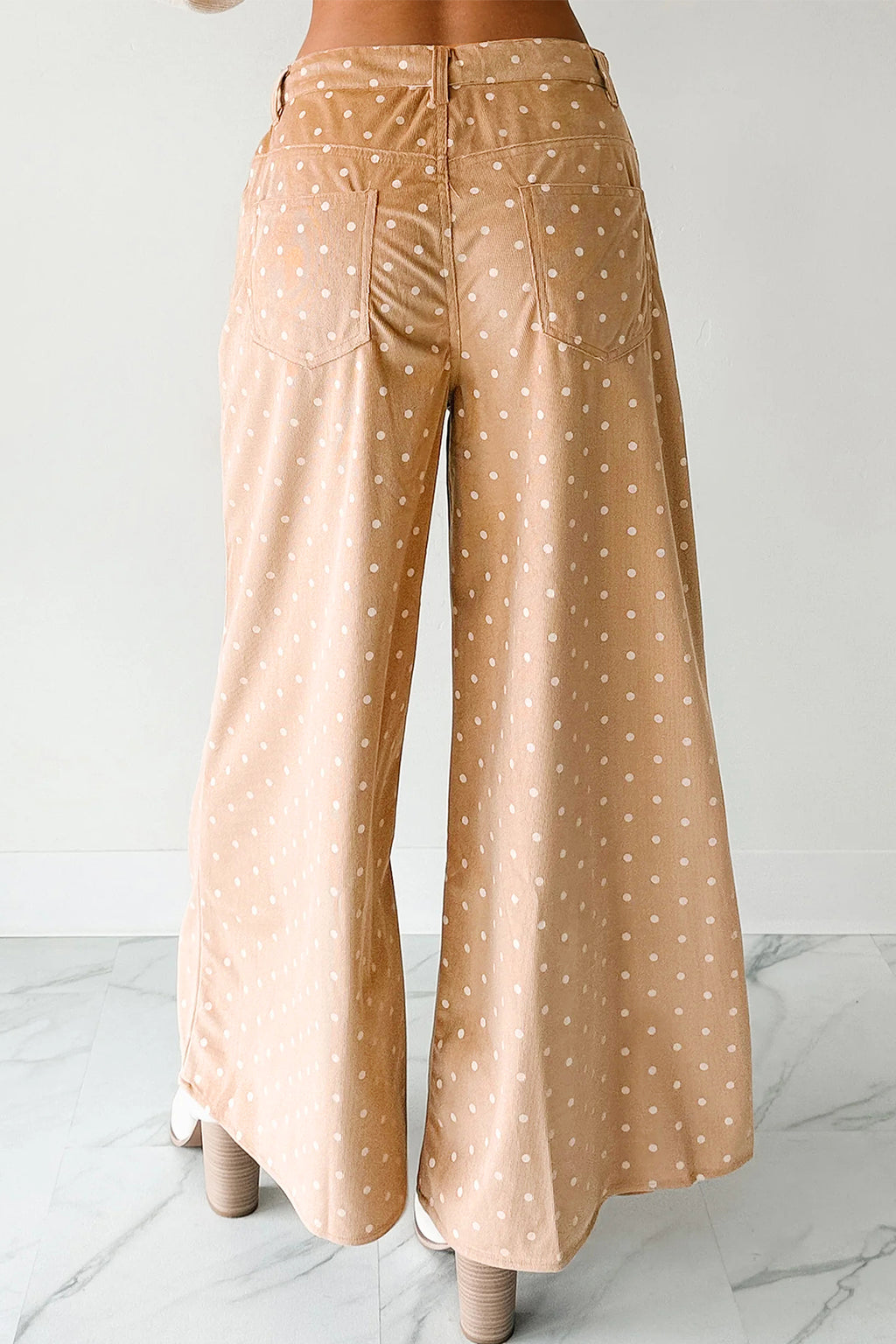 Pantaloni Donna Kaki a Gamba Larga con Stampa a Pois e Coulisse