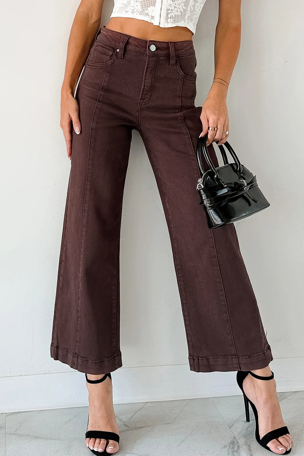 Jeans Donna Rosso a Gamba Larga Cropped con Cucitura Centrale