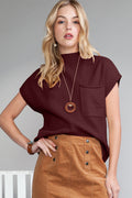 Maglione Donna Rosso Minerale a Costine con Tasche a Toppa e Maniche Corte