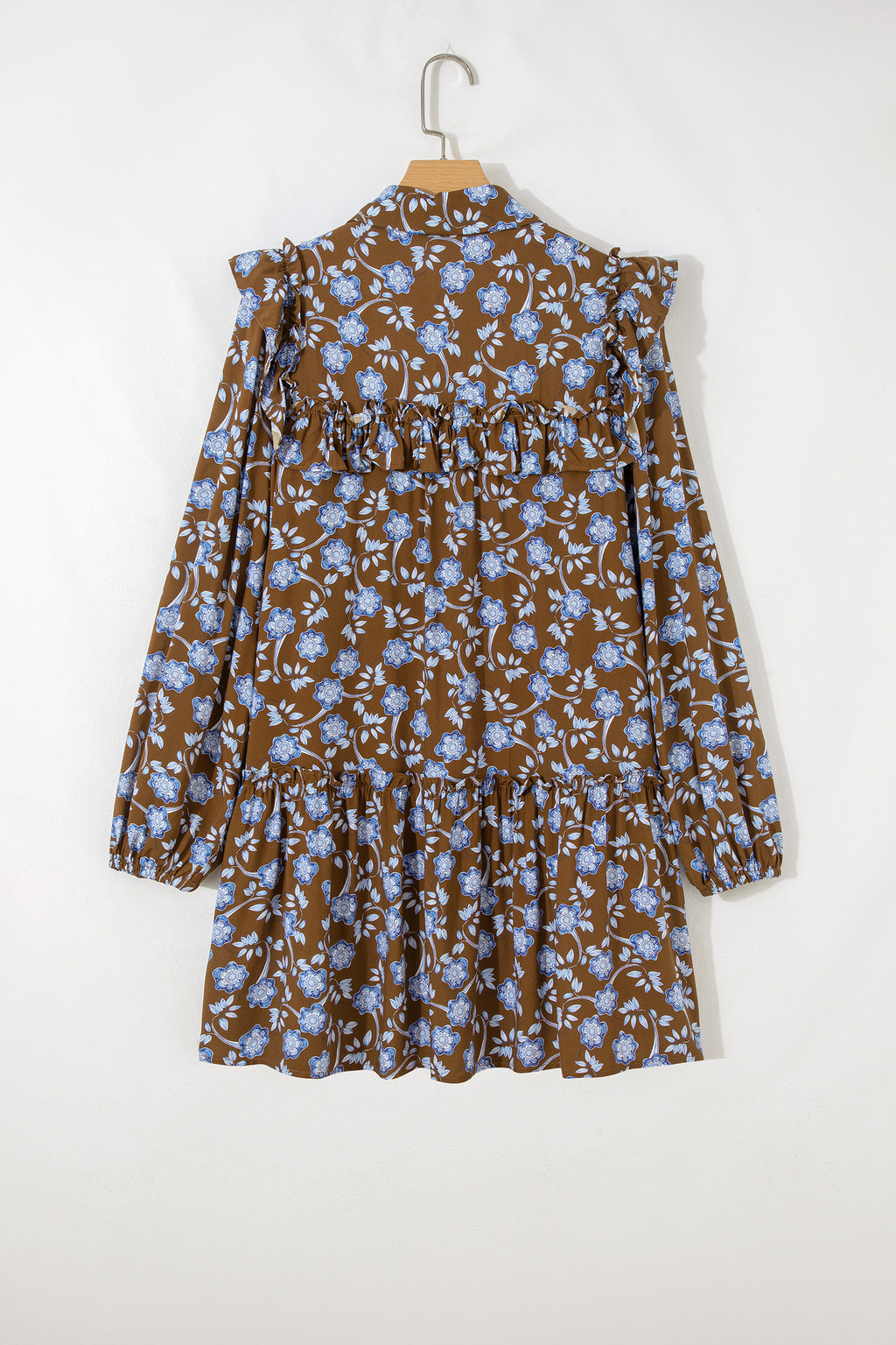 Vestito Donna Marrone Floreale con Rouches e Maniche Lunghe